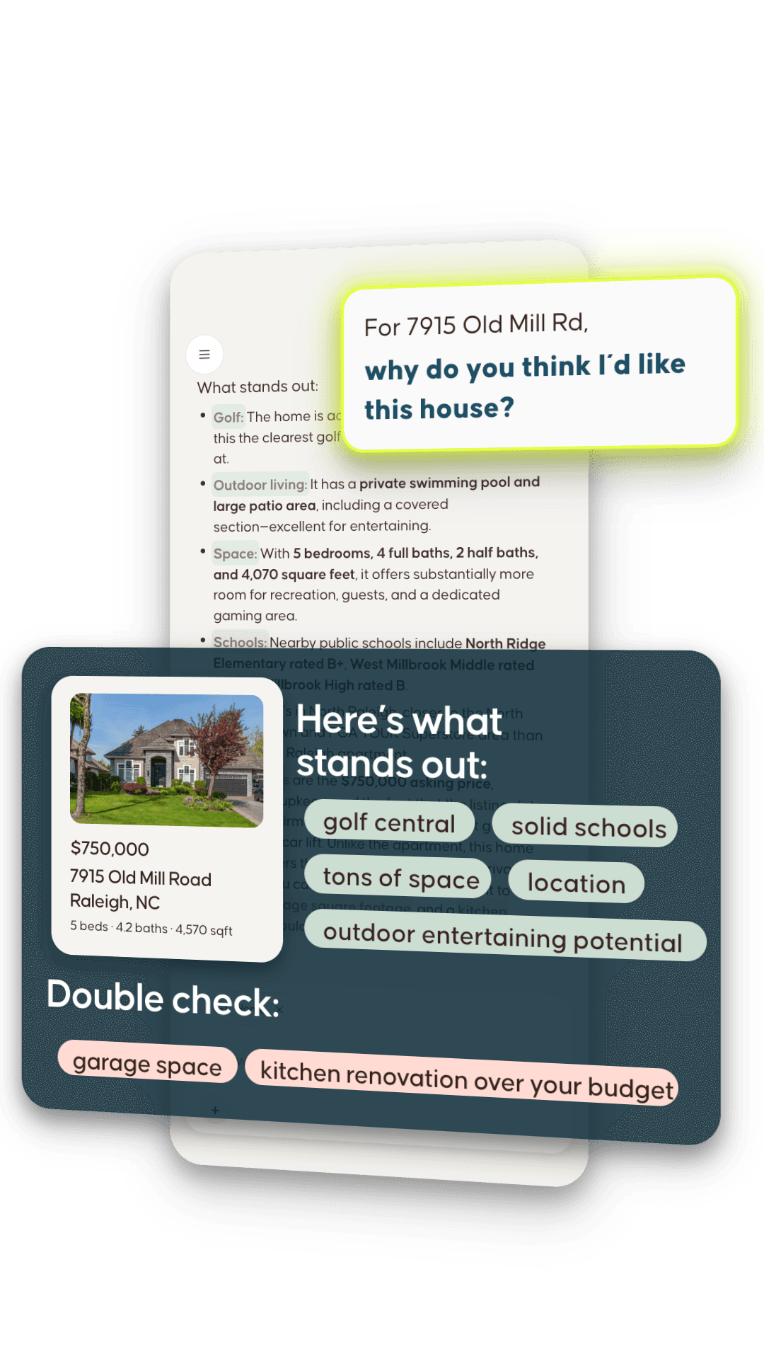 House IQ explaining why a home at 7915 Old Mill Rd fits: golf central, solid schools, tons of space, location, outdoor entertaining potential